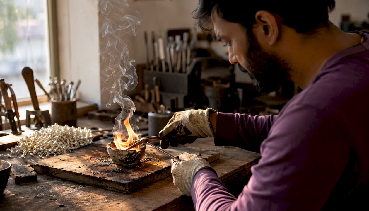Craftsman melting recycled gold metal