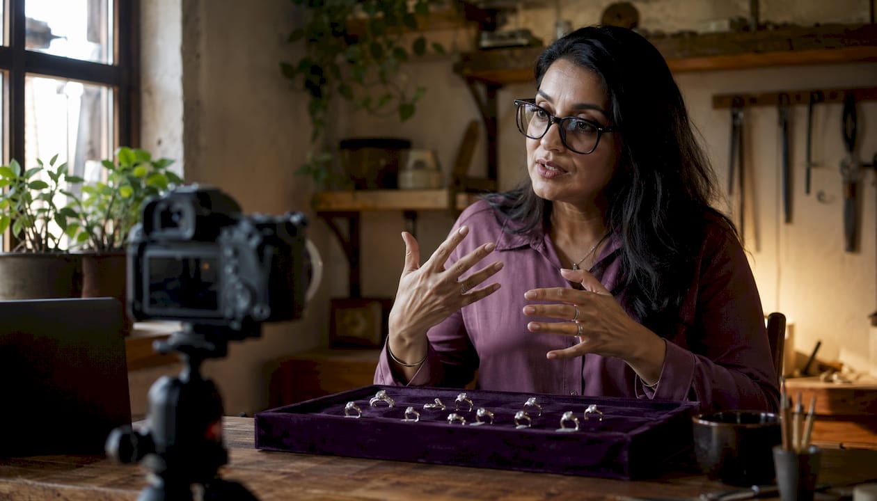 Woman filming sustainable jewelry video