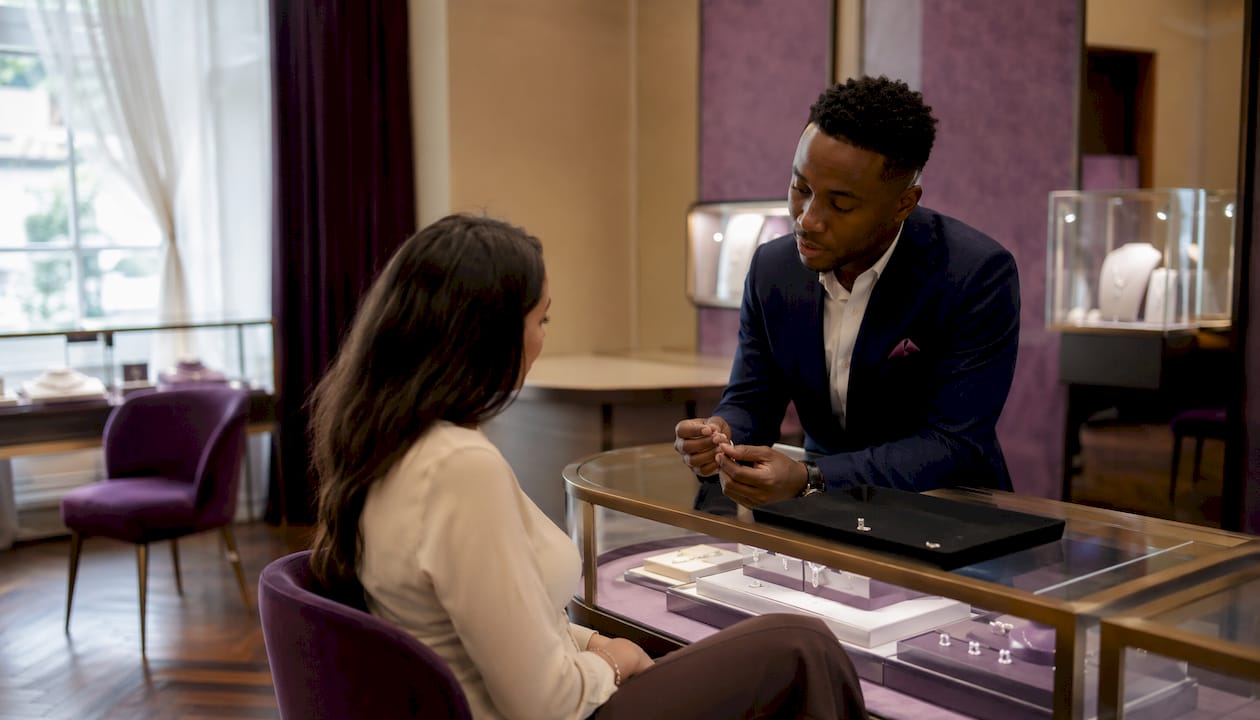 Jewelry store with lab-grown diamond displays and customer interaction