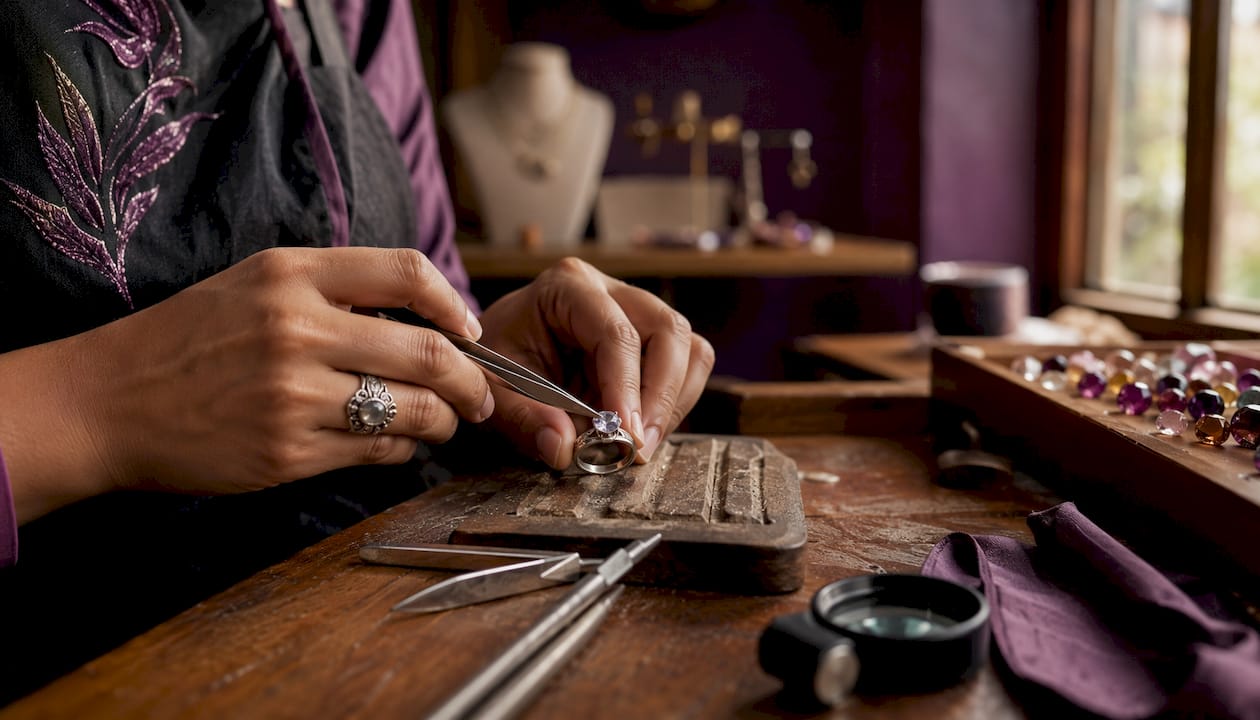 Jeweler setting moissanite stone in boutique workspace