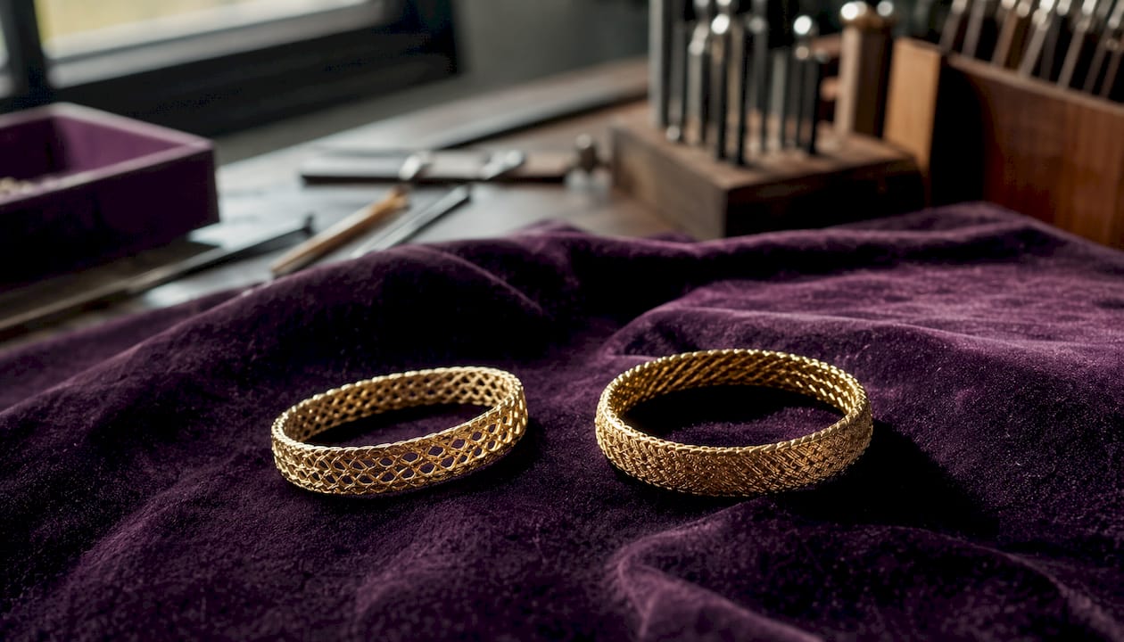 Side-by-side hollow and solid gold bracelets