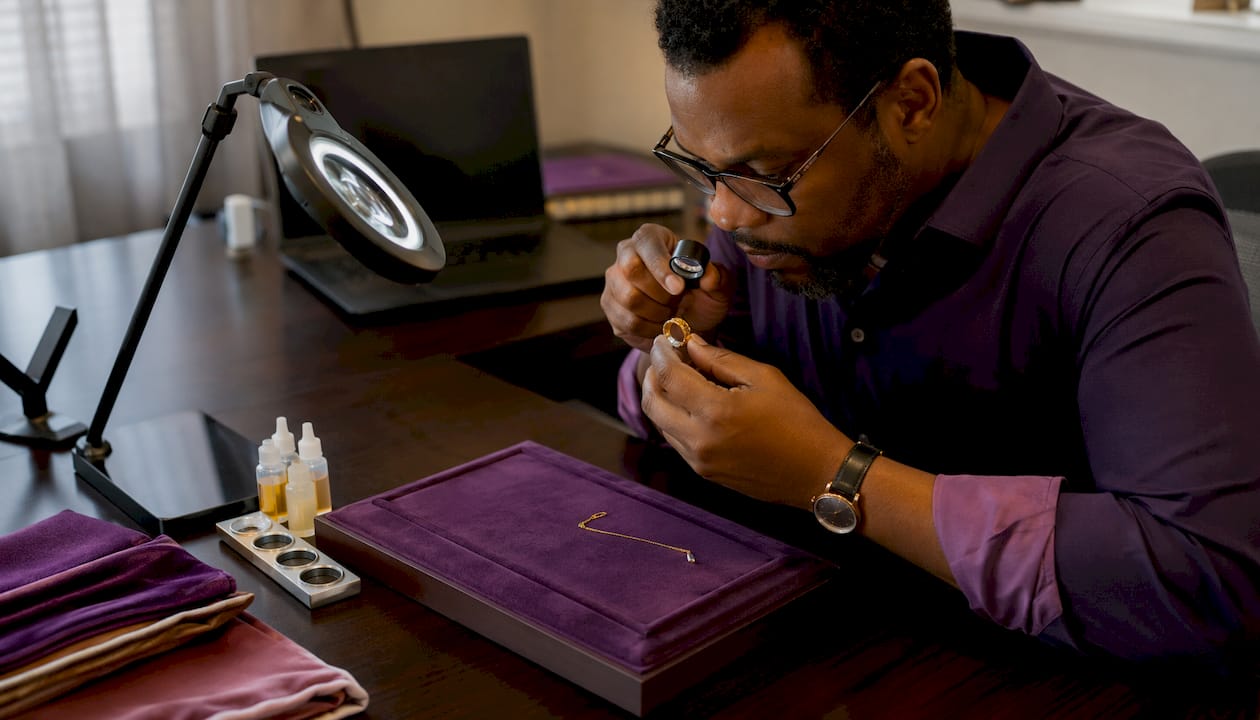 Appraiser examining gold jewelry closely