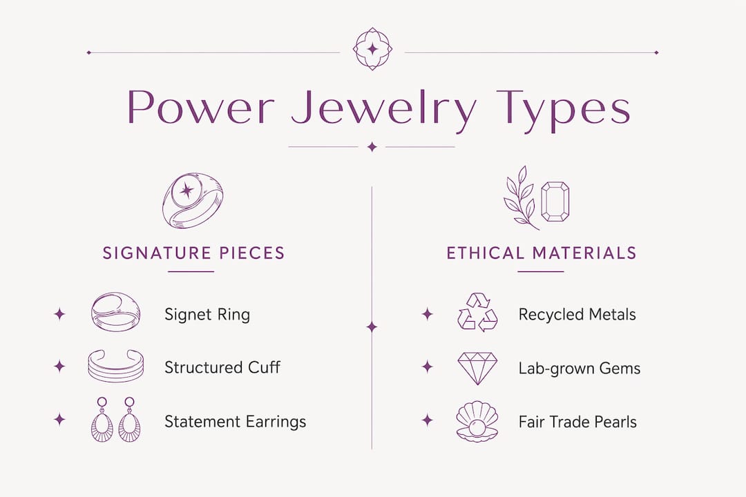 Infographic comparing signature power pieces and ethical materials