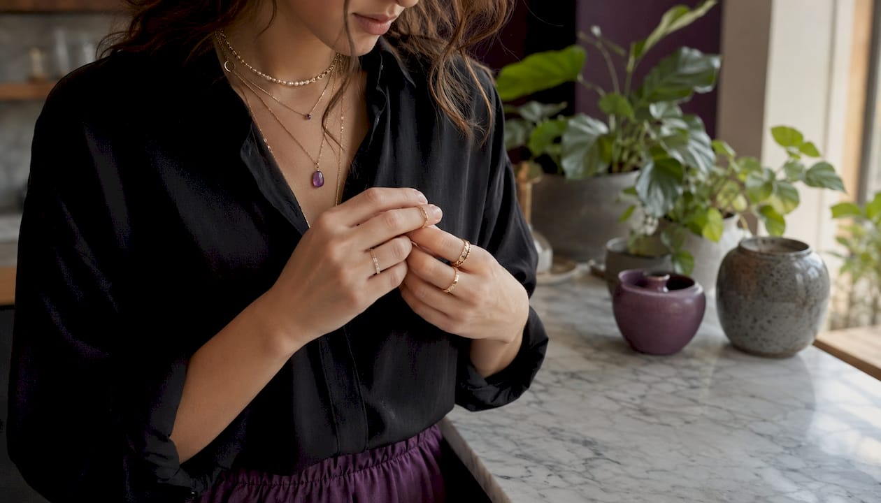 Woman layering necklaces and stacking rings in dressing room