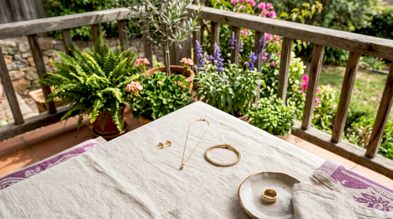Close-up of essential capsule jewelry pieces on wood
