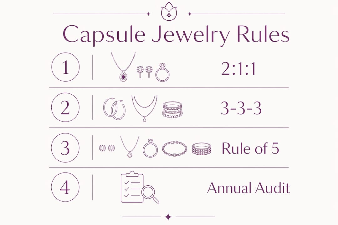 Infographic illustrating capsule jewelry wardrobe rules with four numbered steps