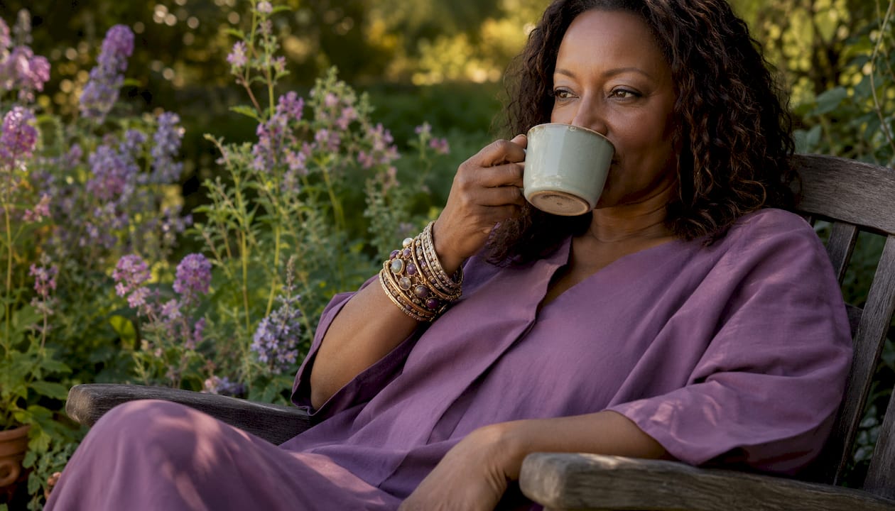 Woman wearing layered bracelets by window