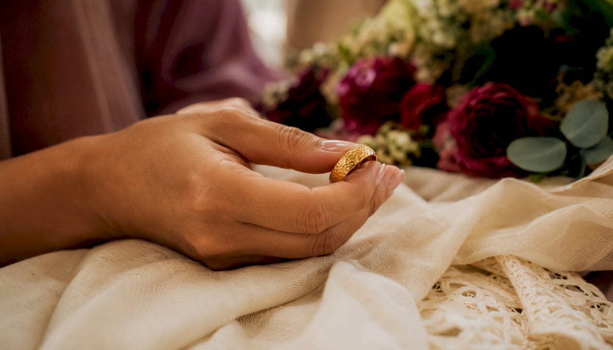 Hand holding hammered gold ring outdoors
