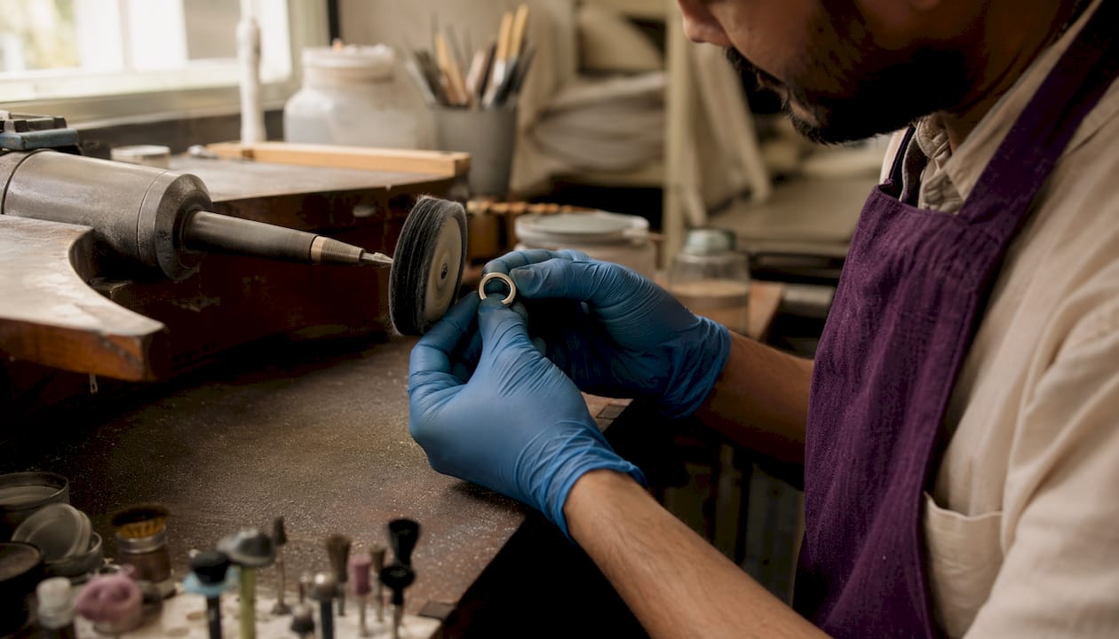 Jeweler polishing high-polish ring in studio