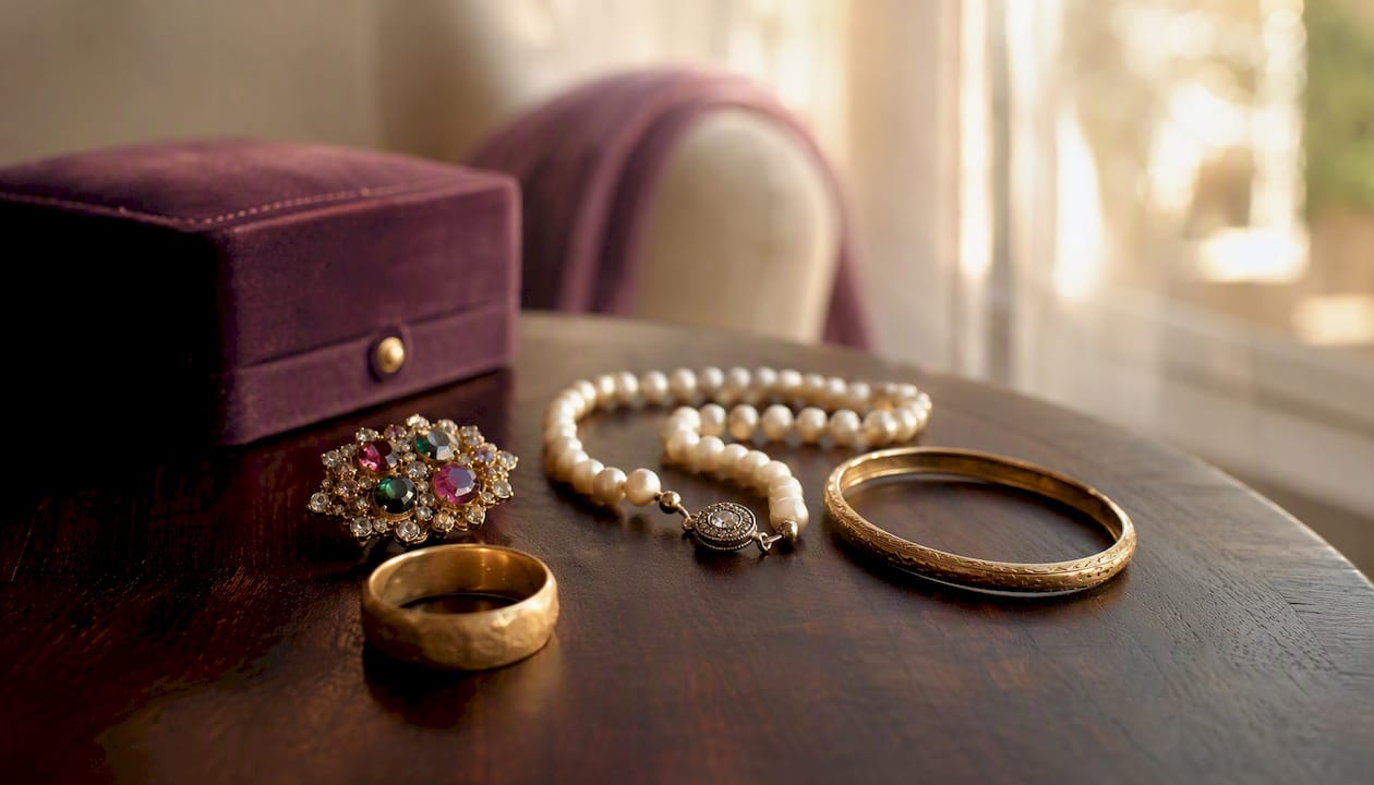 Close-up array of heirloom jewelry pieces