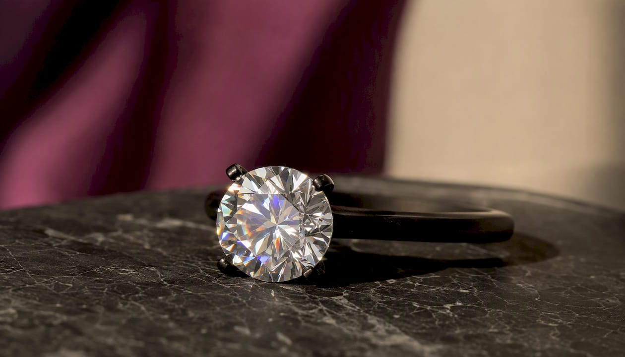 Close-up of sparkling moissanite gem on ring