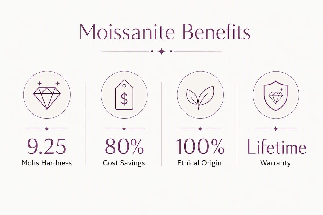 Infographic showing moissanite benefits with key statistics