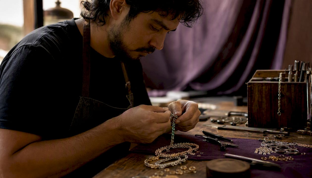 Hands weaving complex chain links