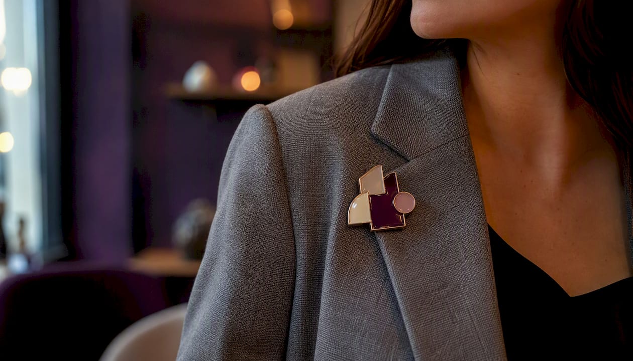 Asymmetric enamel brooch on blazer lapel