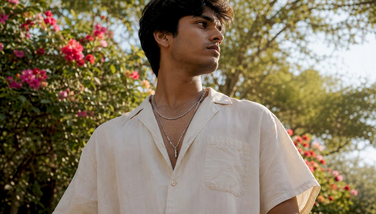 Man wearing layered men's necklaces outdoors