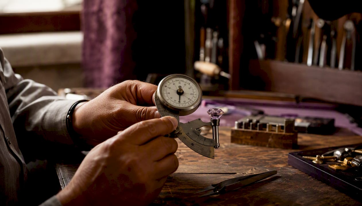 Jeweler measuring gemstone pavilion angle with angle gauge