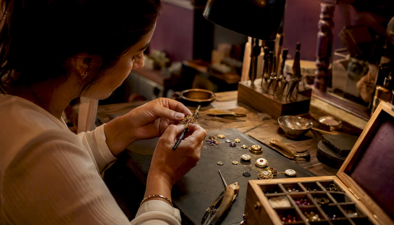 Hands repairing vintage jewelry piece
