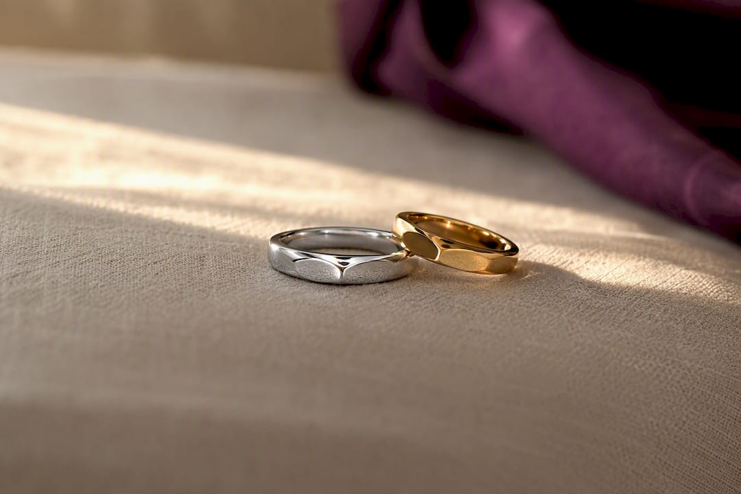 Close-up of jewelry rings with rhodium and PVD plating