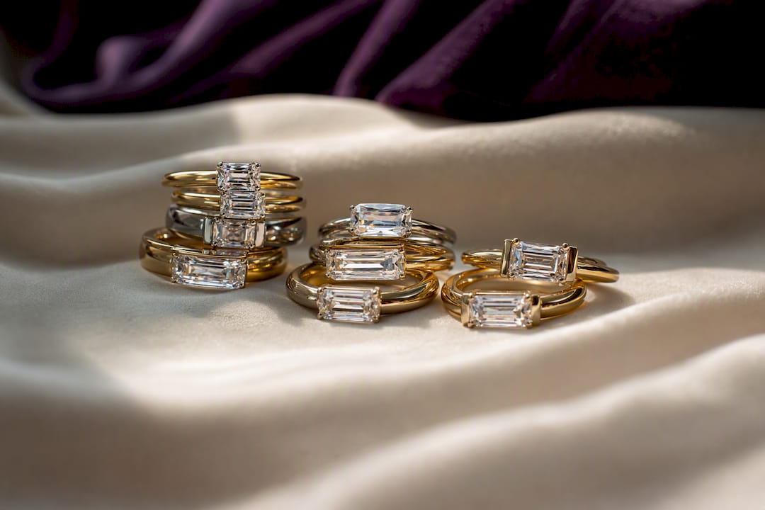 Stacked moissanite rings with elongated cuts