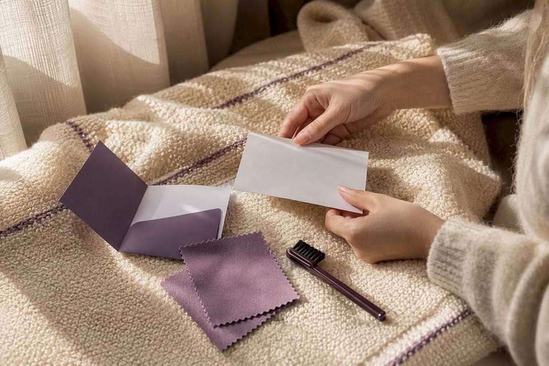 Hands arranging jewelry warranty and cleaning cloth