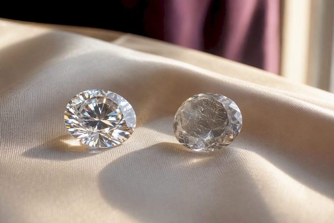 Close-up of moissanite and cubic zirconia stones side by side