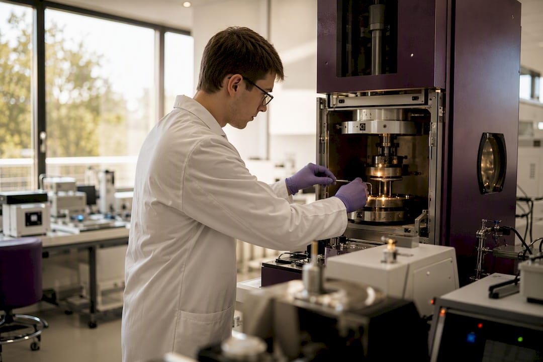 Scientist handling silicon carbide crystal growth seed
