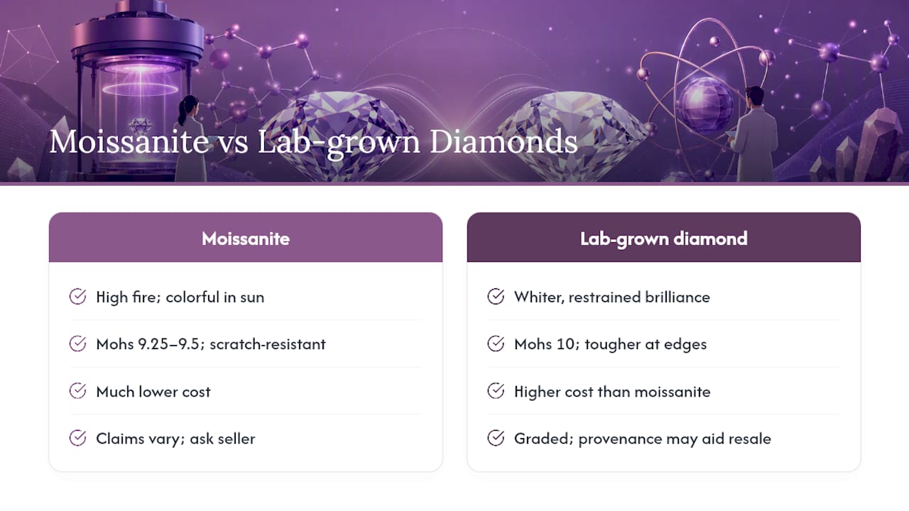 Comparison chart of moissanite and lab-grown diamonds