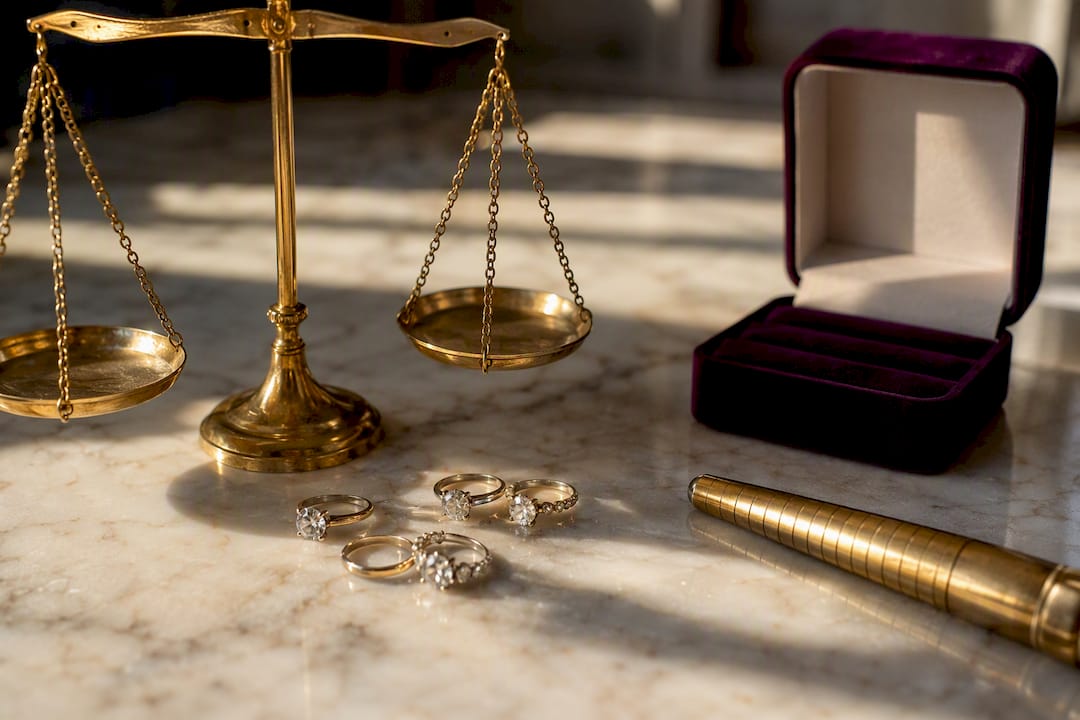 Jewelry pieces with calculator and pen on marble