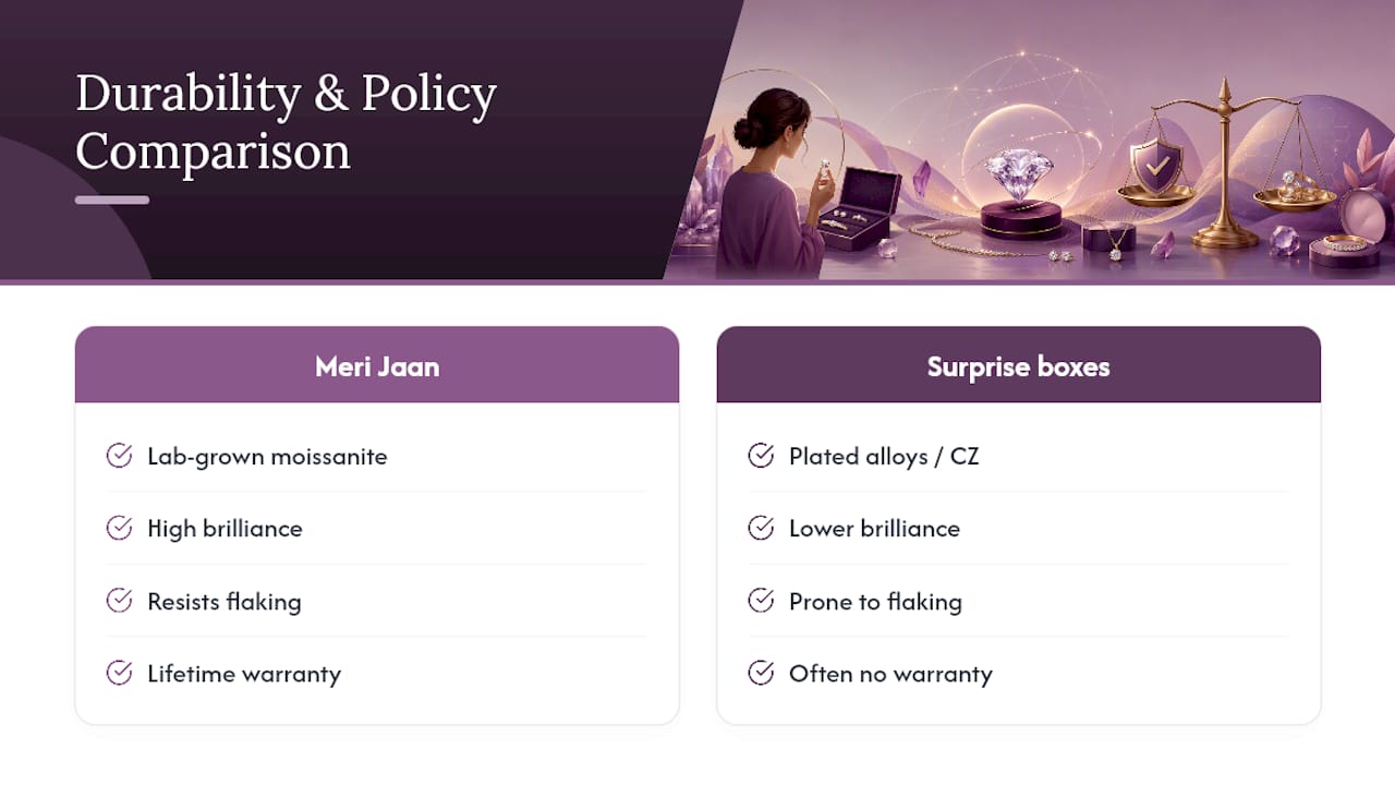 Comparison chart of moissanite versus cubic zirconia durability and policies