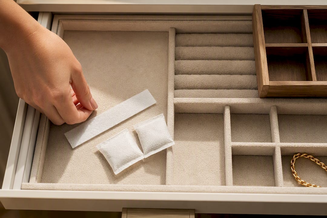 Anti-tarnish materials inside lined drawer