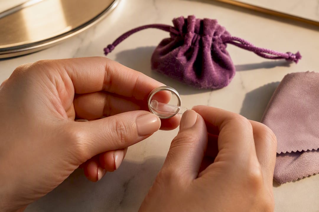 Hands fitting a temporary ring size adjuster