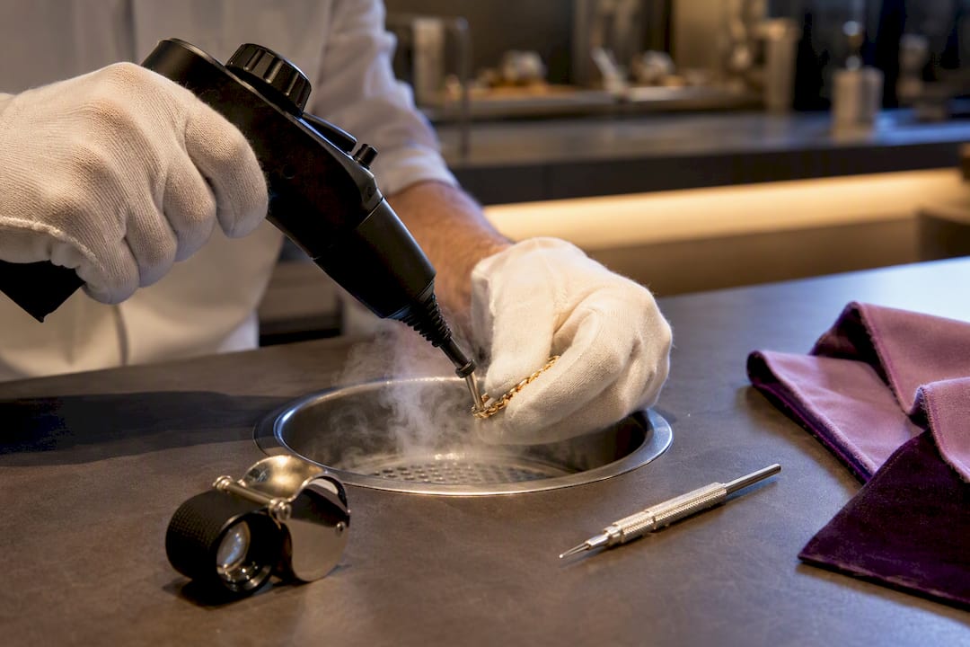 Jeweler professionally steam cleaning gold jewelry