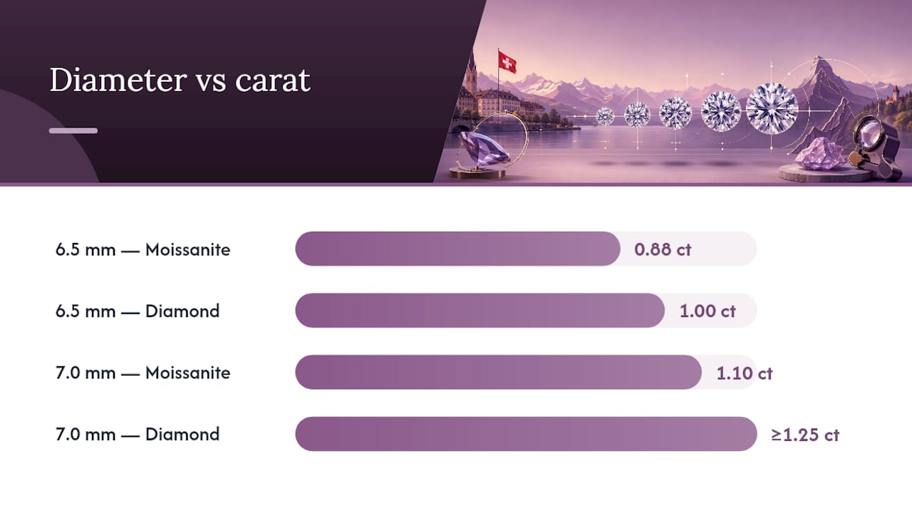 Moissanite and diamond size-weight comparison