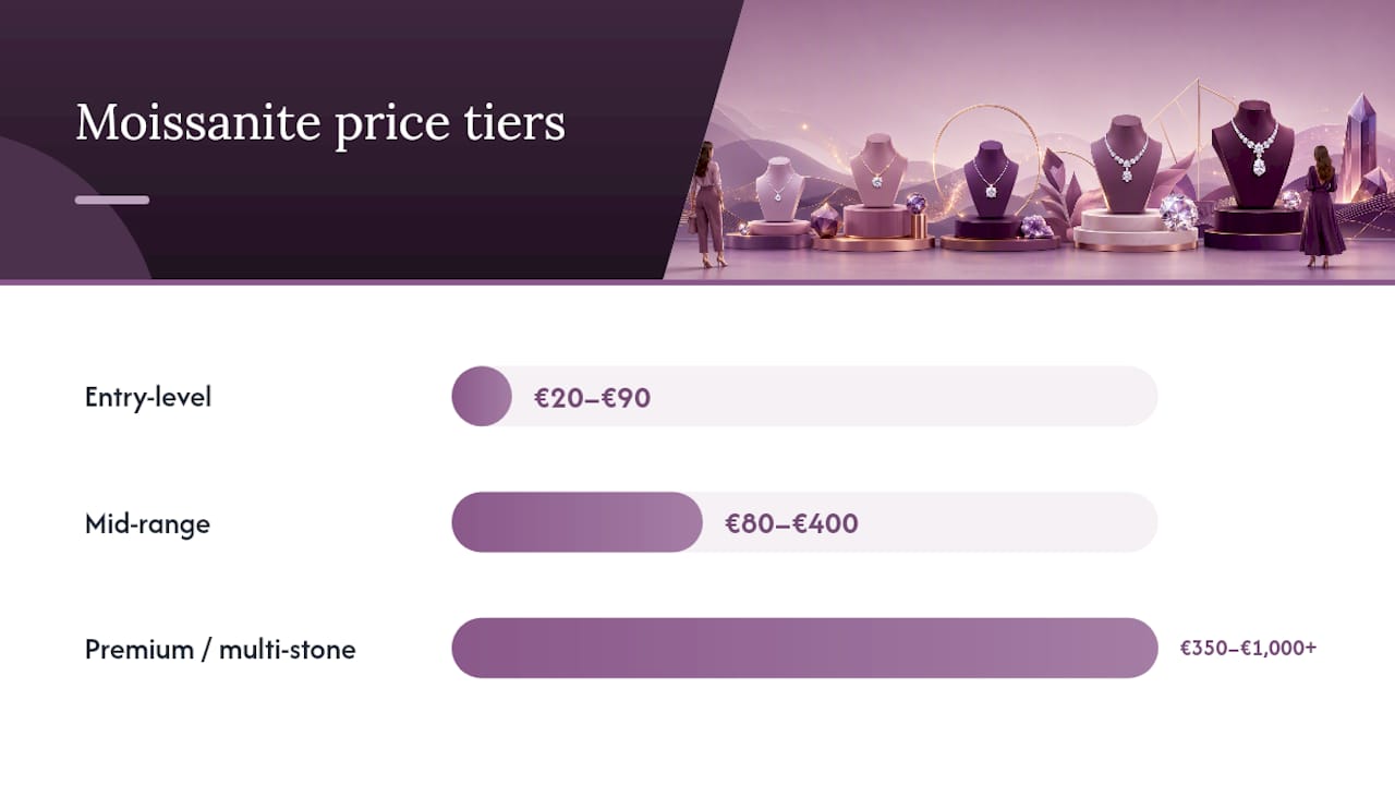 Moissanite necklace price tiers from €20 to €1000
