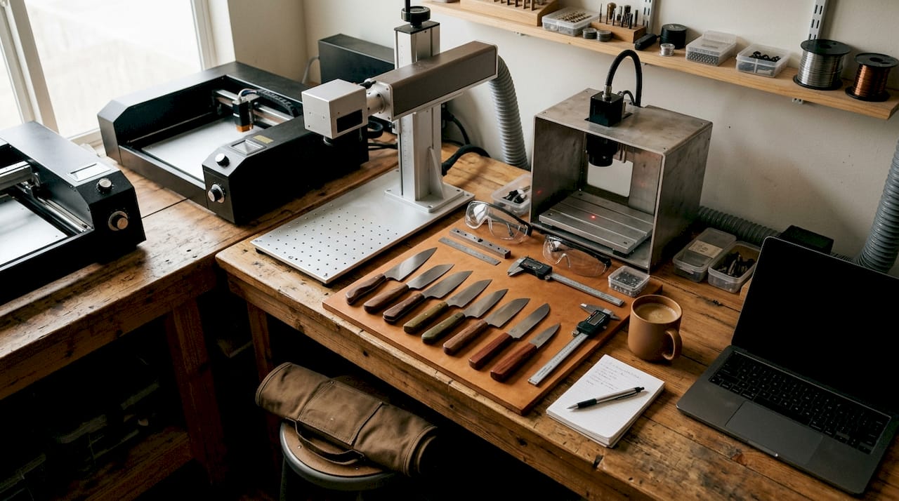 Workstation with laser engraving equipment and knife materials