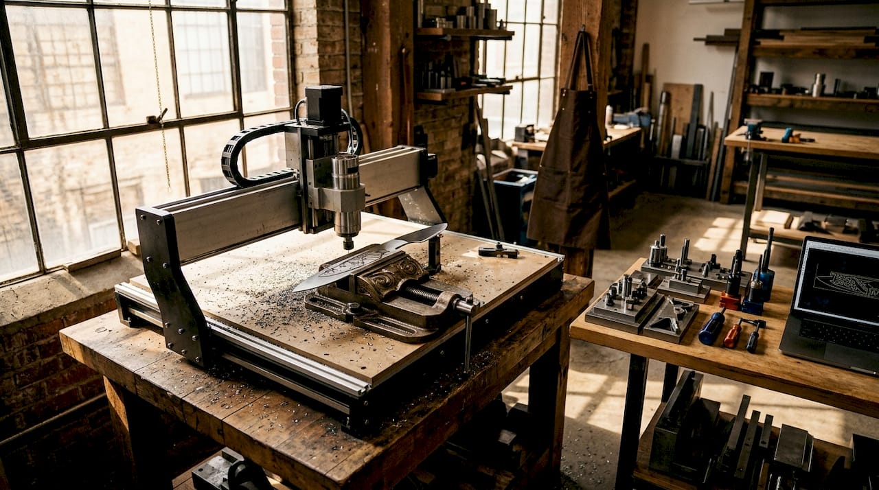 CNC machine cutting steel knife blade close-up