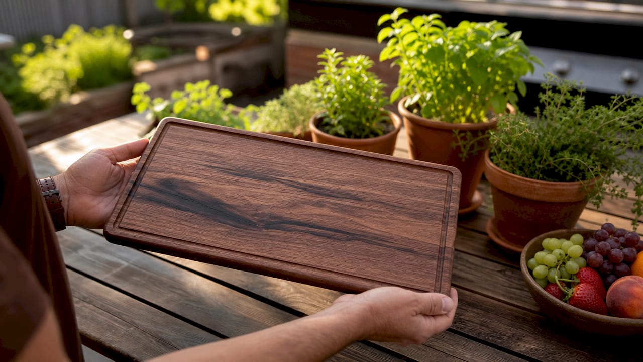 Hands holding engraved wooden cutting board with recipe