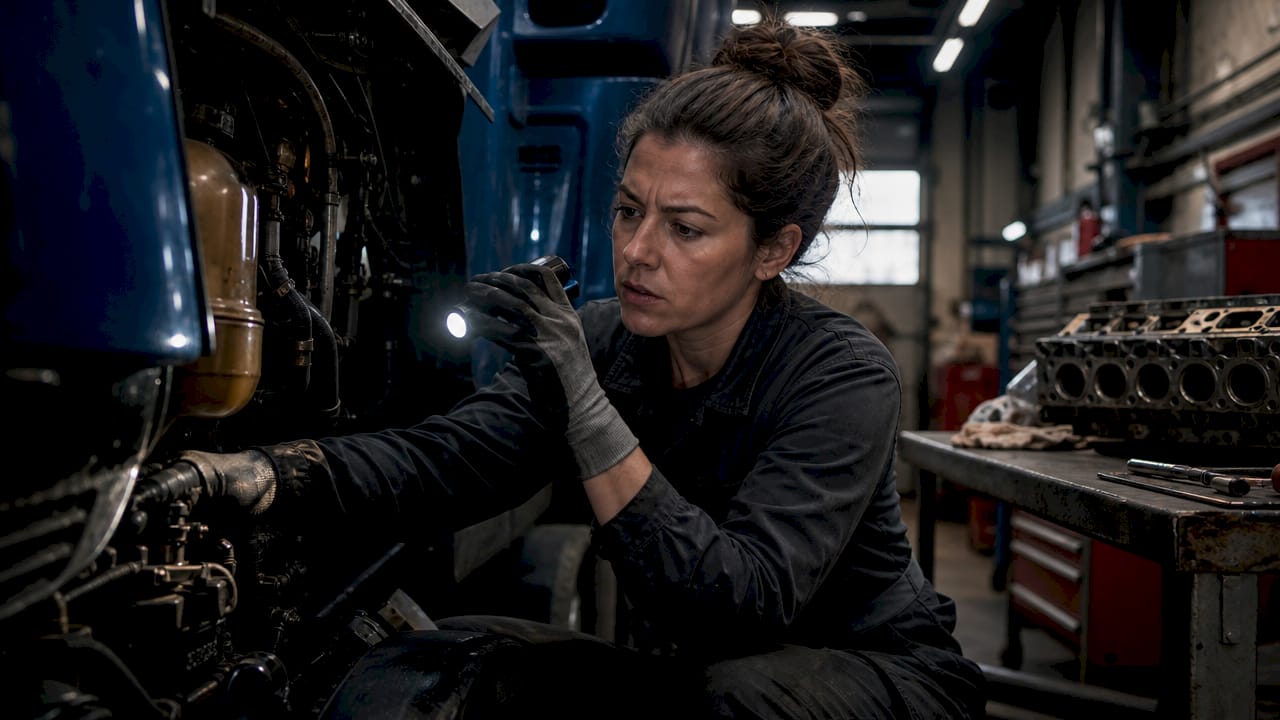 Mechanic inspecting truck engine in garage bay
