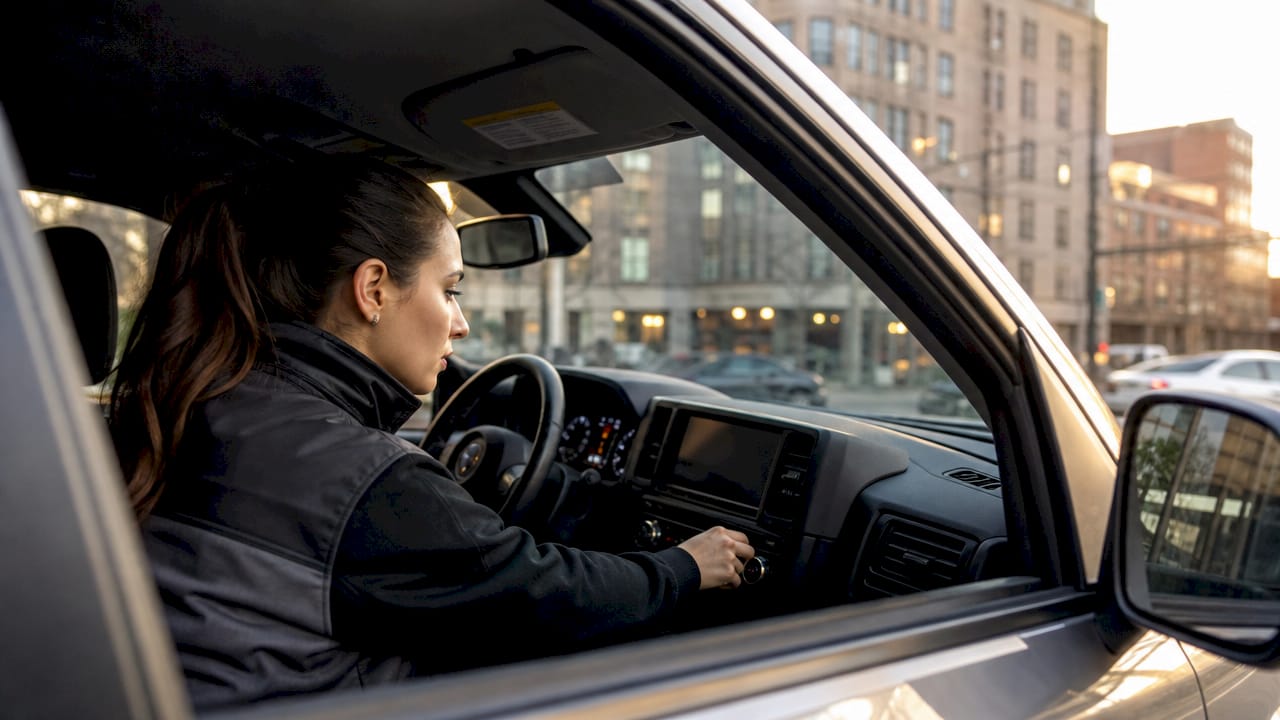 Woman checking car dashboard controls