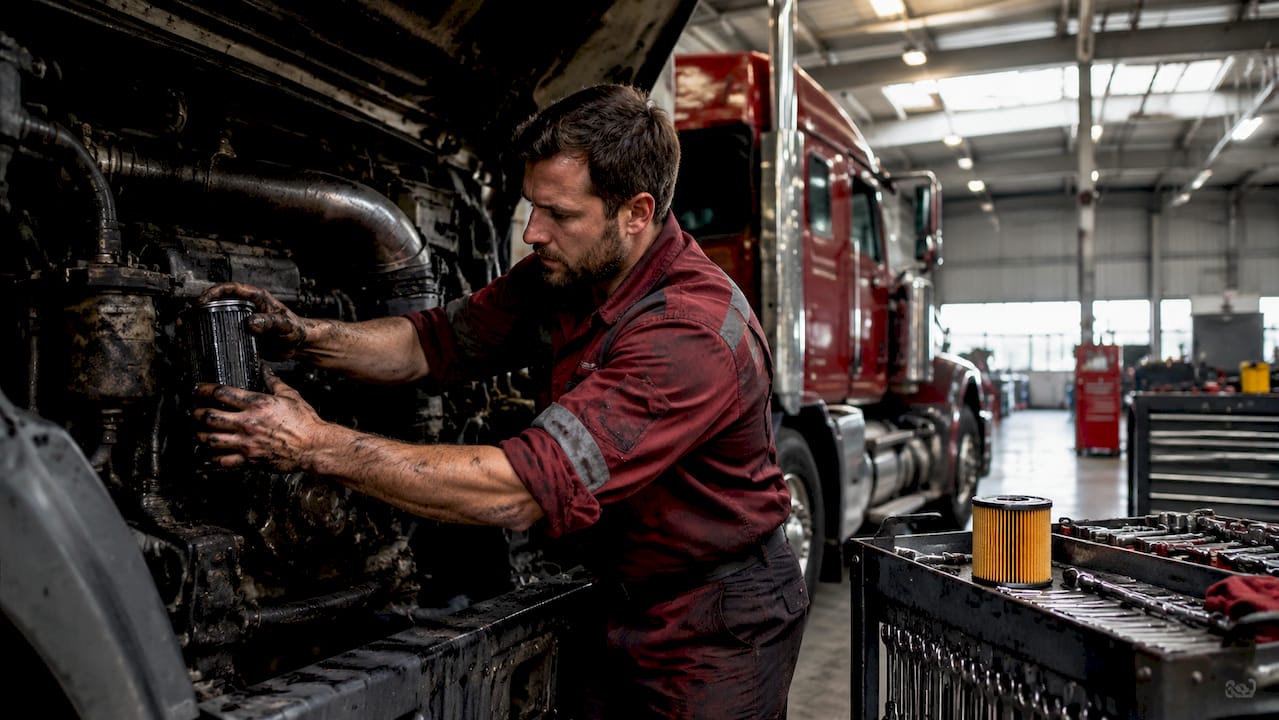 Mechanic changing oil filter on commercial truck