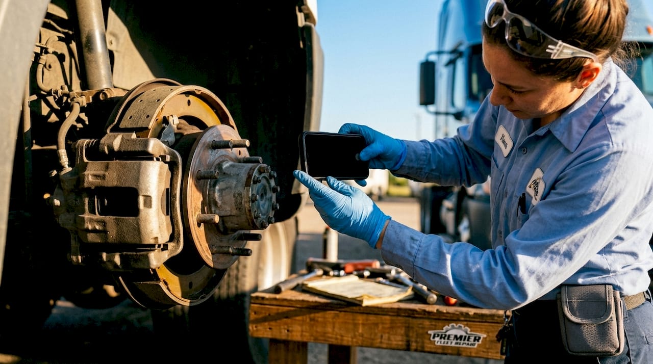 Technician photographing truck brakes digitally