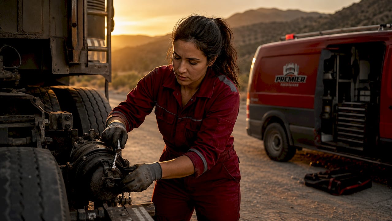 Female mechanic repairing truck brake chamber roadside