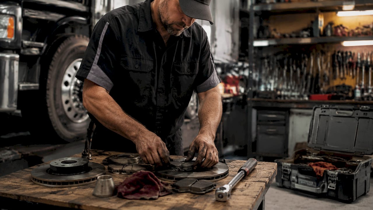 Hands arranging brake repair tools
