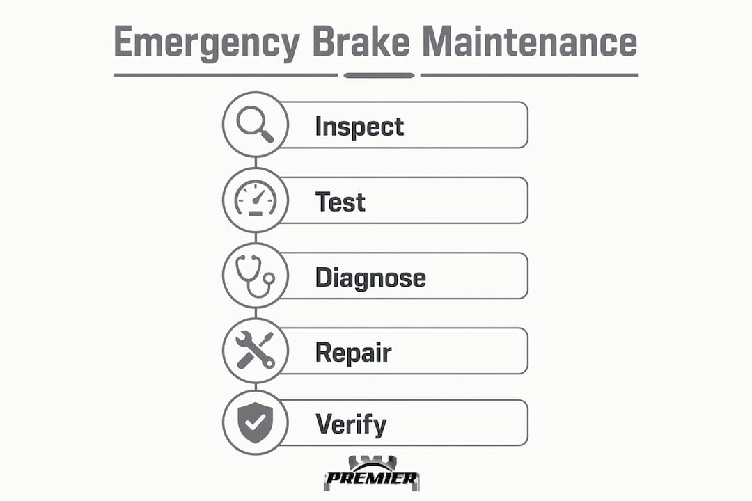Infographic outlining key emergency brake maintenance steps