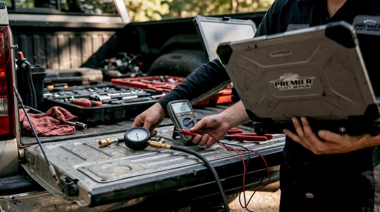 Hands preparing fuel diagnostic tools