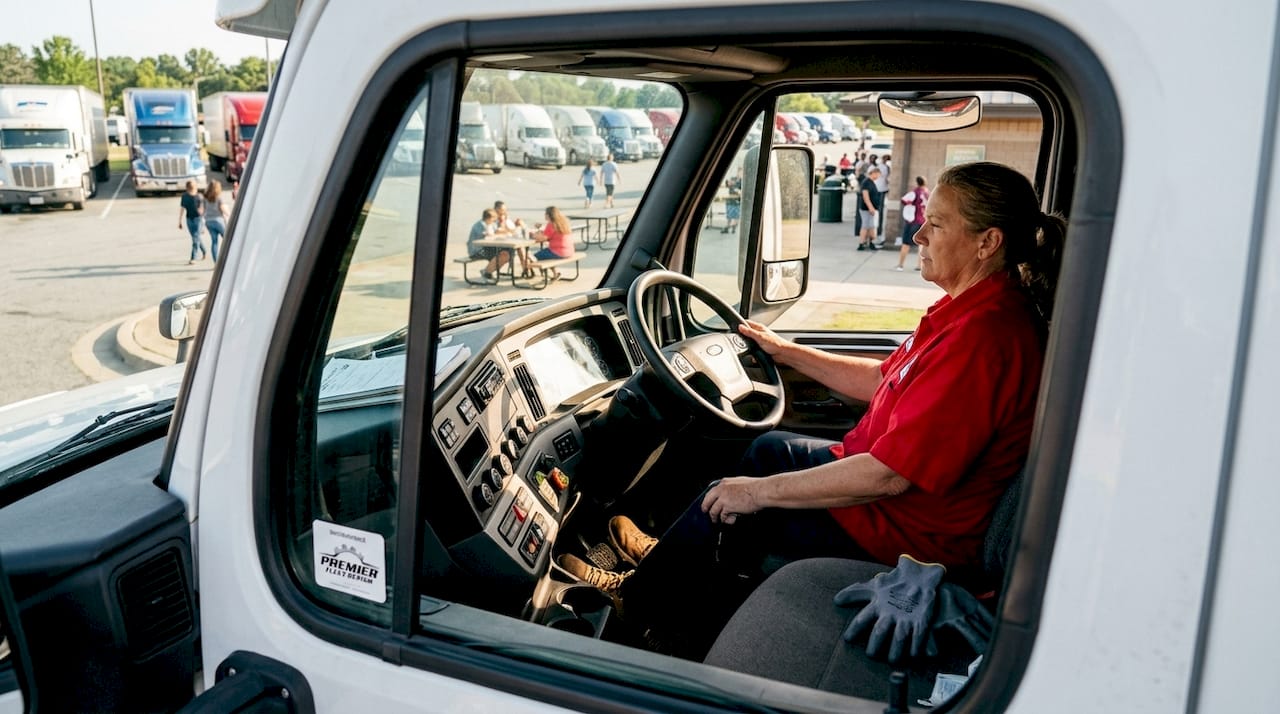 Driver testing brake pedal inside truck cabin