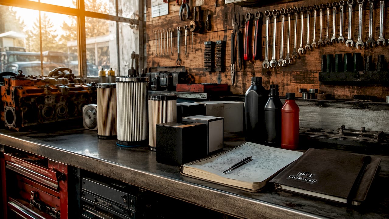 Organized workstation with diesel engine repair tools