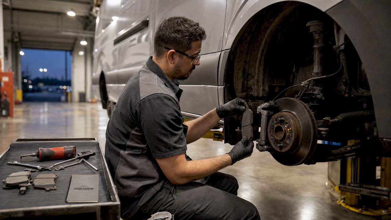 Hands changing brake pads on fleet vehicle