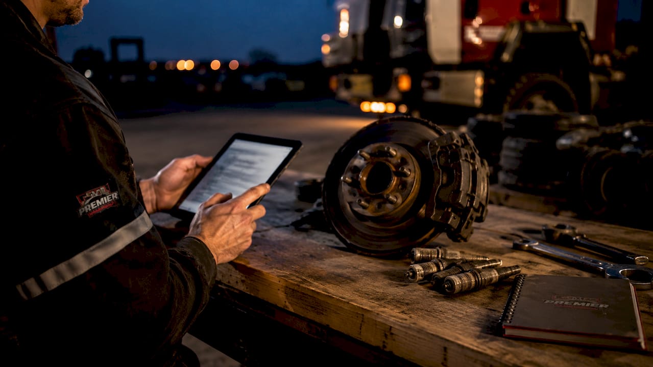 Mechanic inspecting vehicle parts with tablet