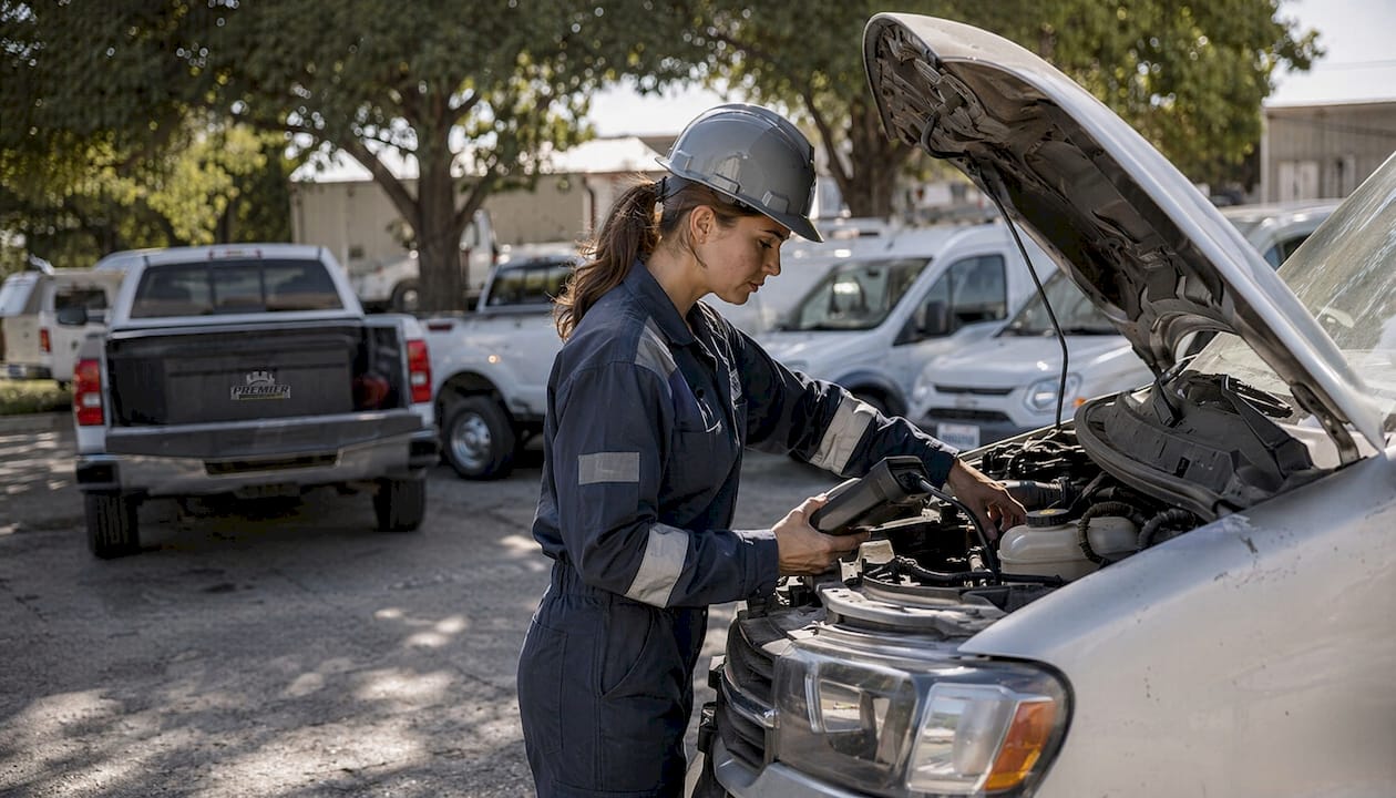 Technician inspecting mixed commercial fleet outdoors